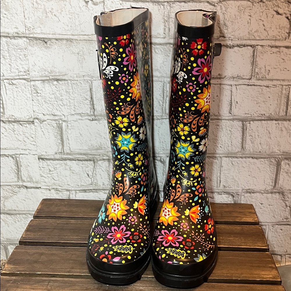 Western Chief Tall Black Floral Rain Boots - Picture 3 of 11